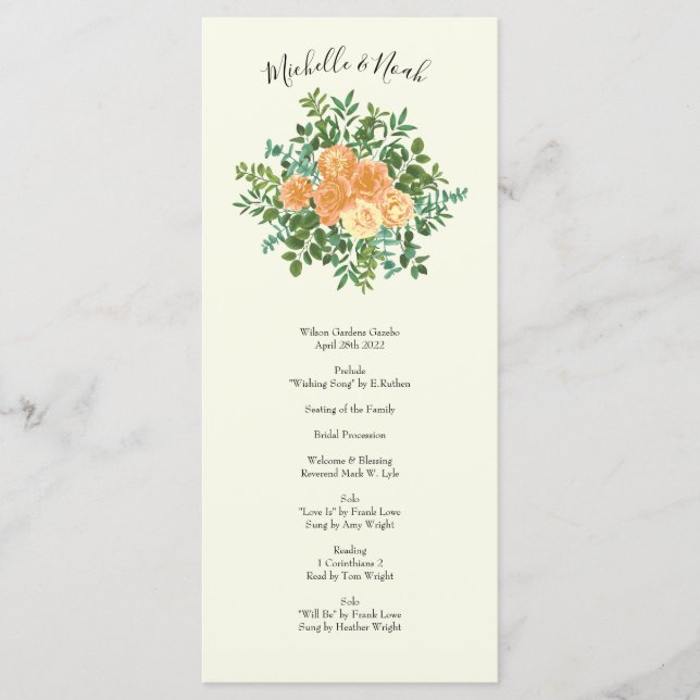 Menu Peach Ivory Mariage Rose Vintage (Devant)