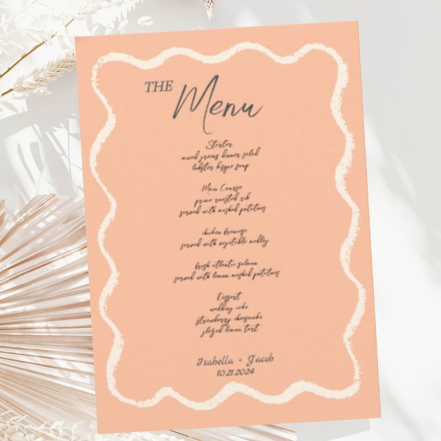 Menu Peach Retro Wavy Squiggle Mariage manuscrit (Créateur téléchargé)