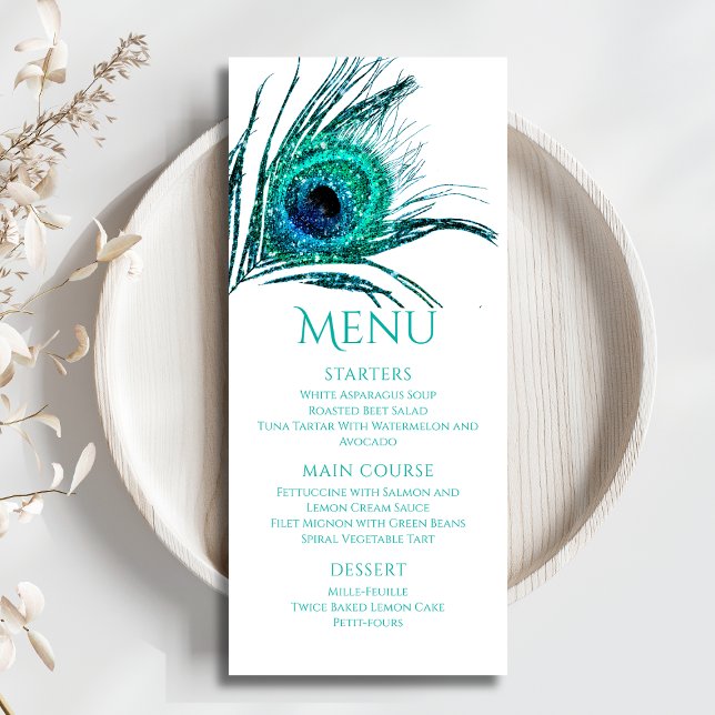 Menu Peacock Feather Chic Parties scintillant Turquoise (Créateur téléchargé)