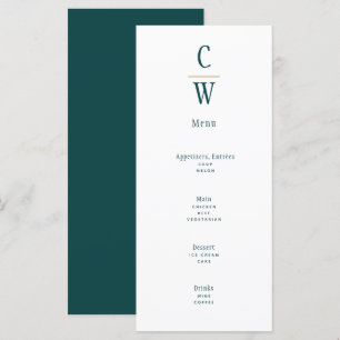 Menu Peacock Turquoise Green Gold Mariage Monogramme