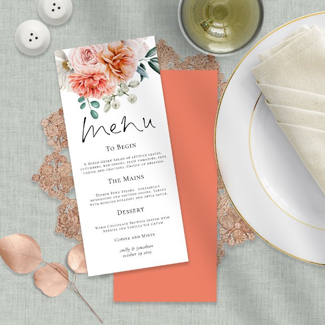 Menu Pêche Coral Peonies Florales Mariage (Front and back view)