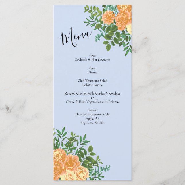 Menu Pêcher bleu clair Mariage Roses Floral (Devant)