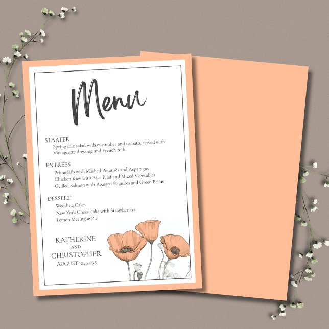 Menu Pêcher les pépites florales Mariage élégant (Elegant Peach Poppies Wedding Menu with choice of Entrees and Dessert.)