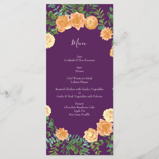 Menu Pêcher Mariage violet Roses floraux (Devant)