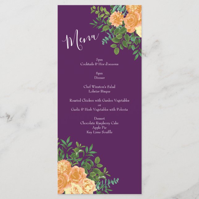 Menu Pêcher Mariage violet Roses floraux (Devant)