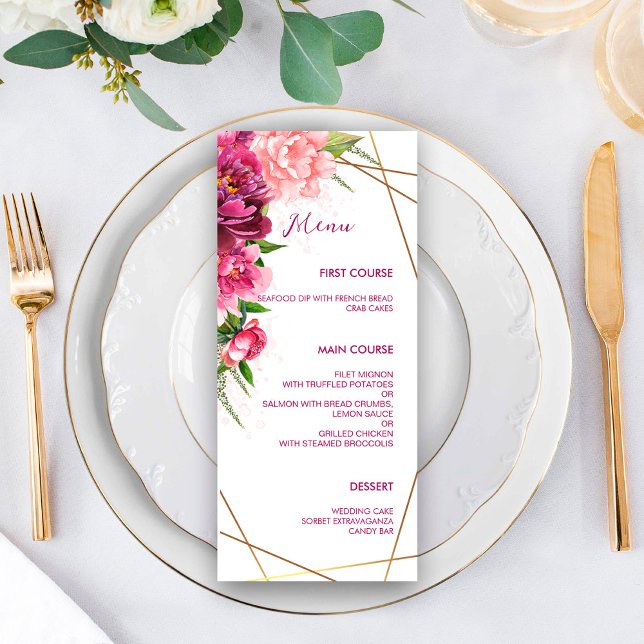 Menu Peonies Faux Gold Foil Frame Rustique Mariage (Créateur téléchargé)