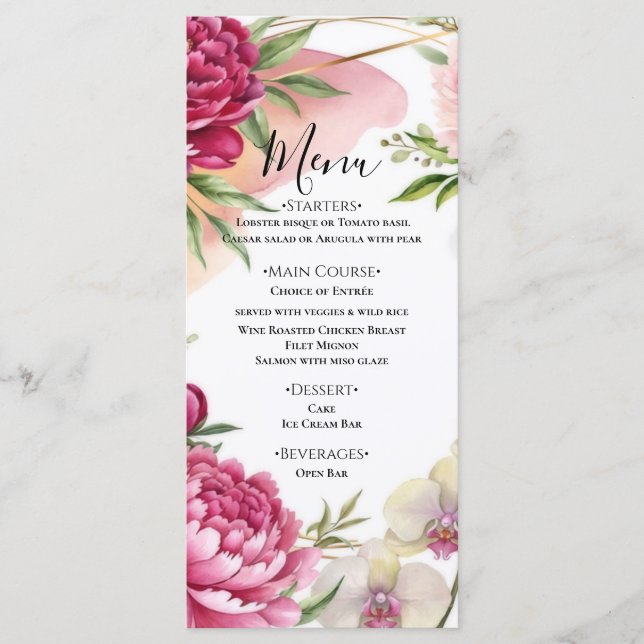 Menu Peony & Orchid Garden Floral Glam Wedding  (Devant)