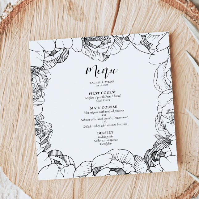 Menu Peonys noir et blanc élégant mariage (Créateur téléchargé)
