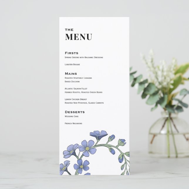 Menu Périwinkle Blue Modern Floral Mariage Dîner (Debout devant)