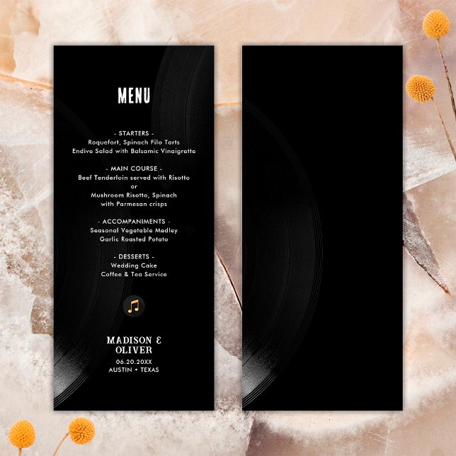 Menu personnalisable de mariage sur vinyle noir et (Front/Back)