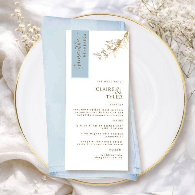 Menu Personnalisé avec le nom de l'invité Bleu poussiér (Créateur téléchargé)