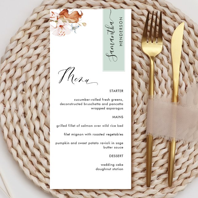 Menu Personnalisé avec le nom de l'invité, Fleurs verdo (Créateur téléchargé)