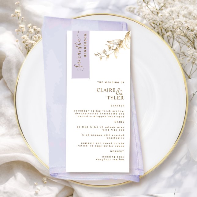 Menu Personnalisé avec le nom de l'invité Lavande et Or (Créateur téléchargé)