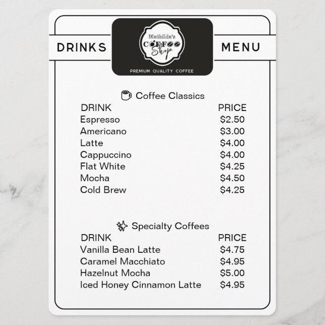 Menu personnalisé de boissons pour café profession (Devant)