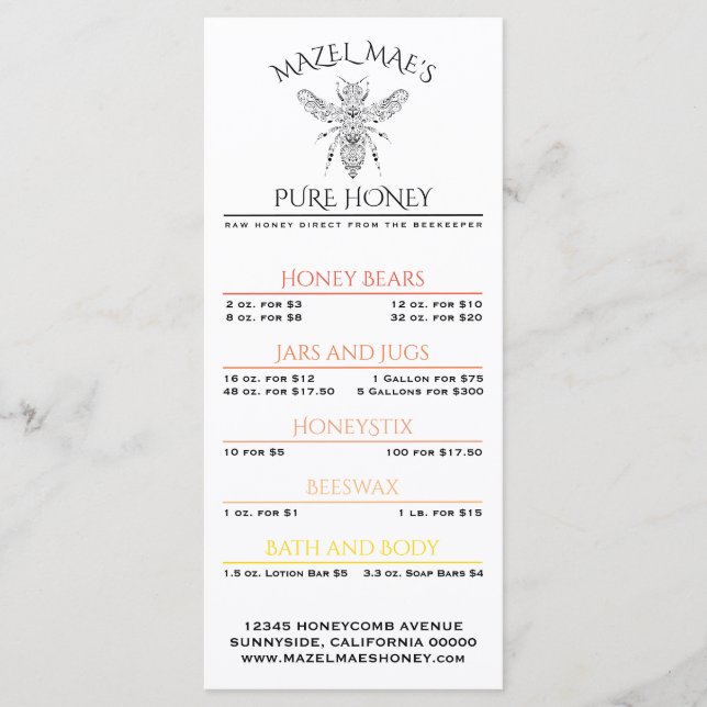 Menu personnalisé de miel de la ruche Apiary (Devant)