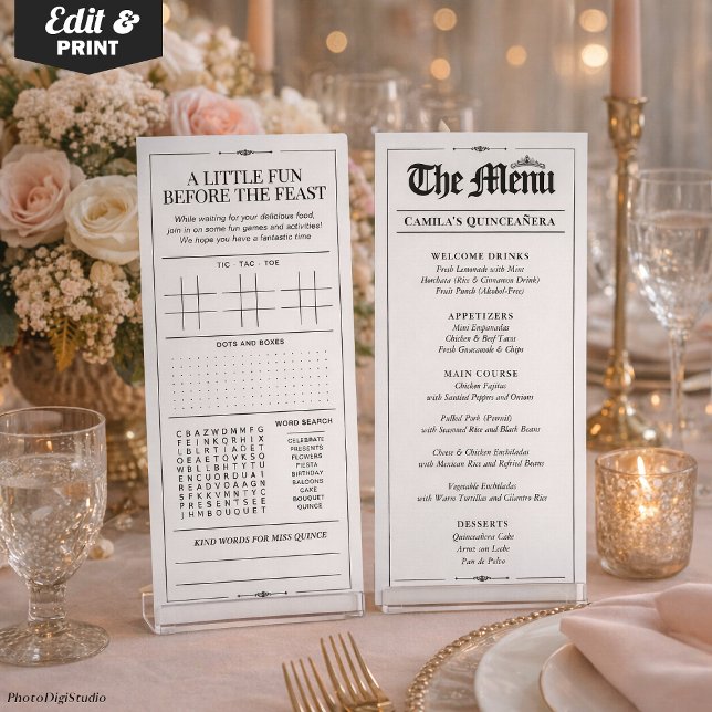 Menu personnalisé de Quinceañera, Noir Blanc Inter (Custom Quinceañera Menu, Black White Interactive Menu)