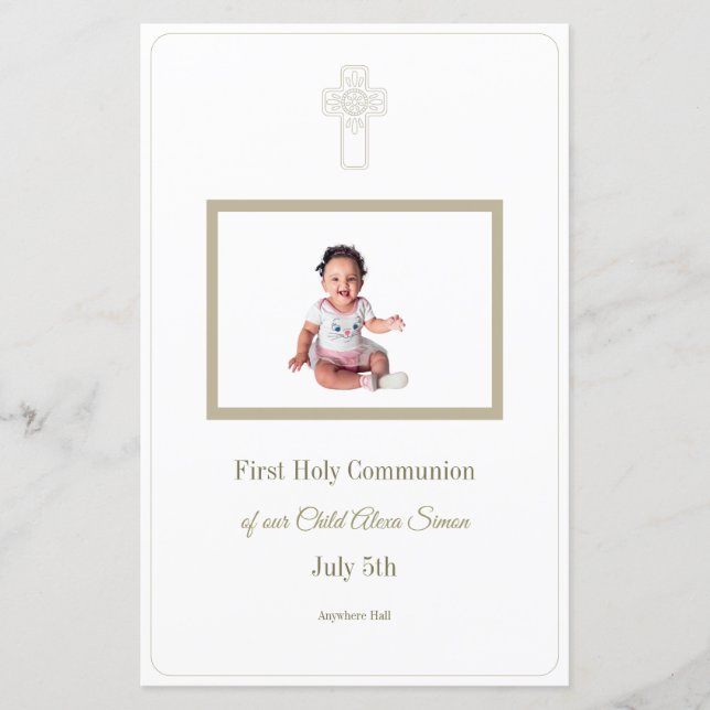 Menu Personnalisé Gold White First Holy Communion (Devant)
