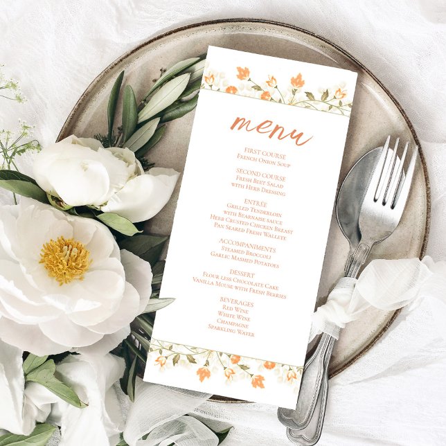 Menu Personnalisé Mariage Floral Peach (Wedding menu card with a peach floral design.)