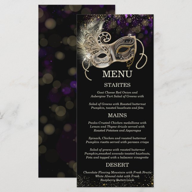 Menu Personnalisée Black Gold Purple Masquerade Party (Devant / Derrière)