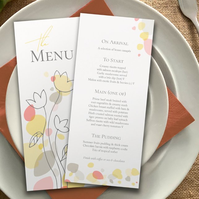 Menu Pétales de fleurs confetti modernes jaune 4 plats  (Créateur téléchargé)