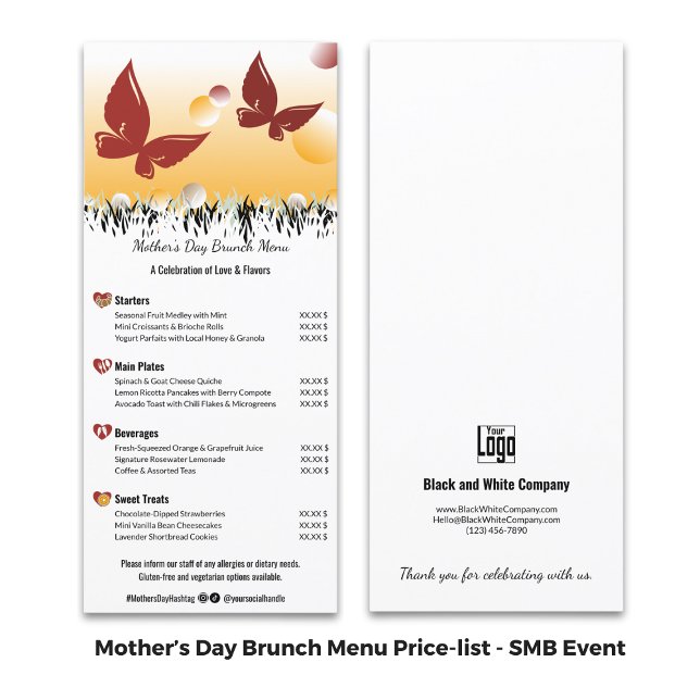 Menu Petit déjeuner de la fête des mères pour les entre (Small Business Event Mother's Day Brunch Pricelist Menu - Black and White)
