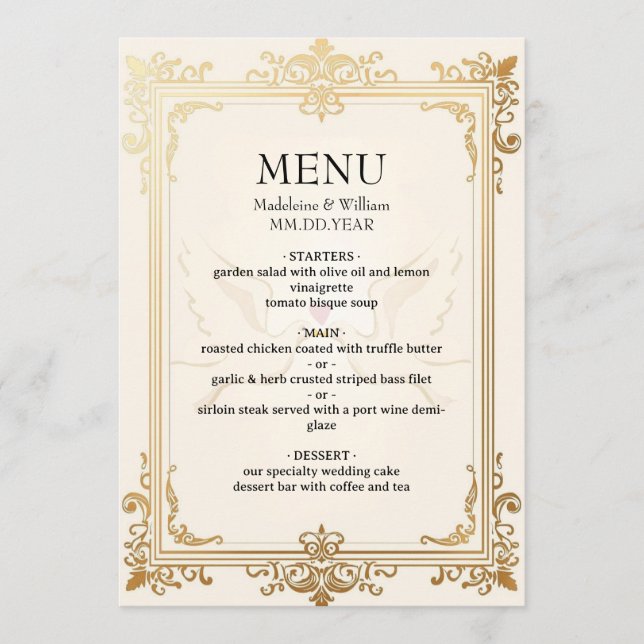Menu Pigeon Elegant Luxury Gold Mariage (Devant)