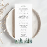 Menu Pine Tree Forest Aquarelle Montagnes Mariage<br><div class="desc">Faites une expérience culinaire mariage grâce à ce menu Mariage inspiré de la nature et doté d'un superbe design de pins qui complète parfaitement les célébrations à thème extérieur ou rustique. Avec ses teintes vertes sereines et son élégante typographie minimaliste, ce menu est le parfait mélange de charme naturel et...</div>