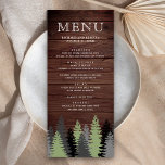 Menu Pine Trees Bois rustique Mariage d'hiver<br><div class="desc">Carte de menu rustique avec de beaux pins à typographie moderne contre un arrière - plan de grange.</div>