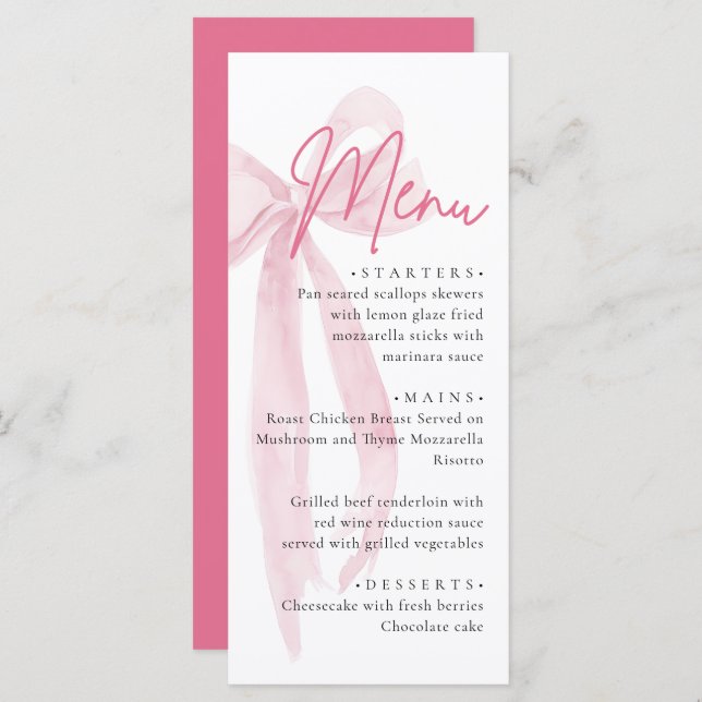 Menu Pink Bow She's Tying the Knot Fête des mariées (Devant / Derrière)