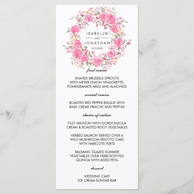 Menu Pink Love | Couronne de mariage rustique en roses  (Devant)