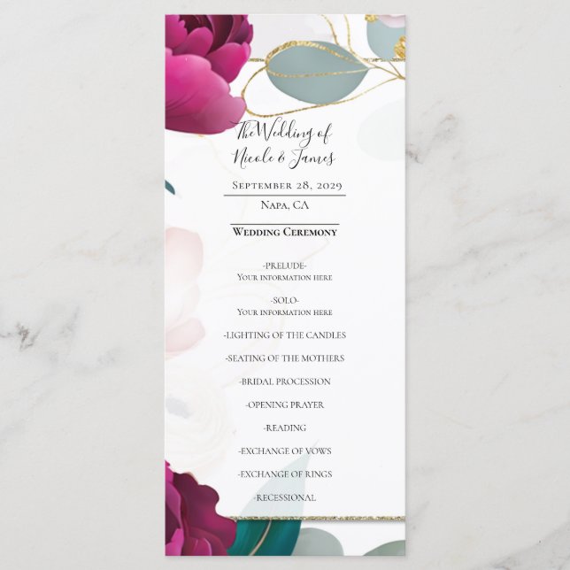 Menu Pink Peony Eucalyptus Garden Floral Glam Wedding  (Devant)