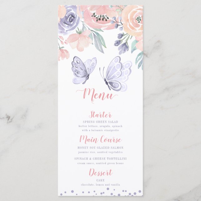 Menu Pink Purple Floral Butterfly Girl Baby Shower (Devant)