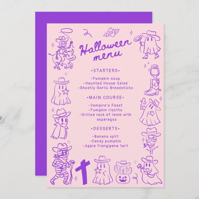 Menu Pink violet Quirky Main Drake Doodles Halloween (Devant / Derrière)