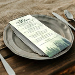 Menu Pins verts Foggy Arbres Rustique Mariage d'éléganc<br><div class="desc">Ce menu mariage est simple,  rustique et élégant. Il dispose d'un titre de calligraphie de script sophistiqué avec une montagne boisée arrière-fond de pins verdoyants noyés dans la brume ou le brouillard. Le dos est une couleur verte de forêt marbrée profonde. Parfait pour une réception extérieure.</div>