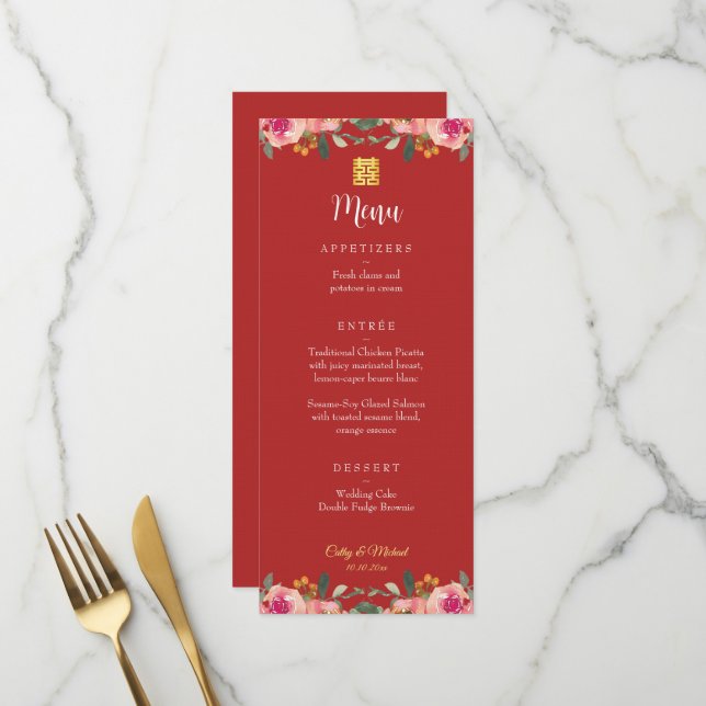 Menu Pivoine rouge bonheur double mariage chinois (Devant/Arrière en situation)
