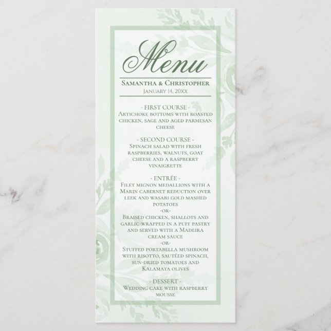 Menu Pivoines à l'aquarelle dans les tons sauge Élégant (Devant)