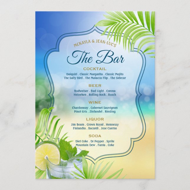 Menu Plage Mariage Cool Mojito Palm Feuilles L'Open Bar (Devant)