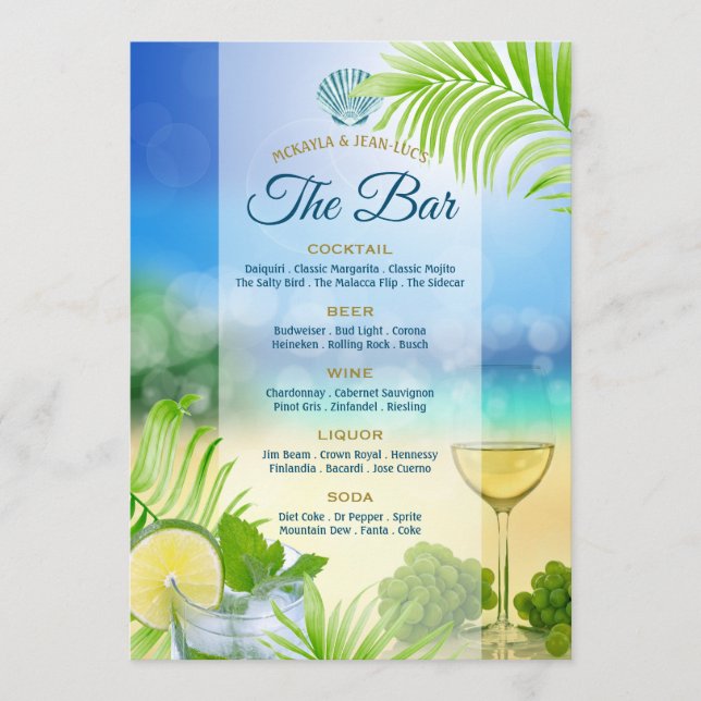 Menu Plage Mariage Mojito Vin Raisins Palm Open Bar (Devant)