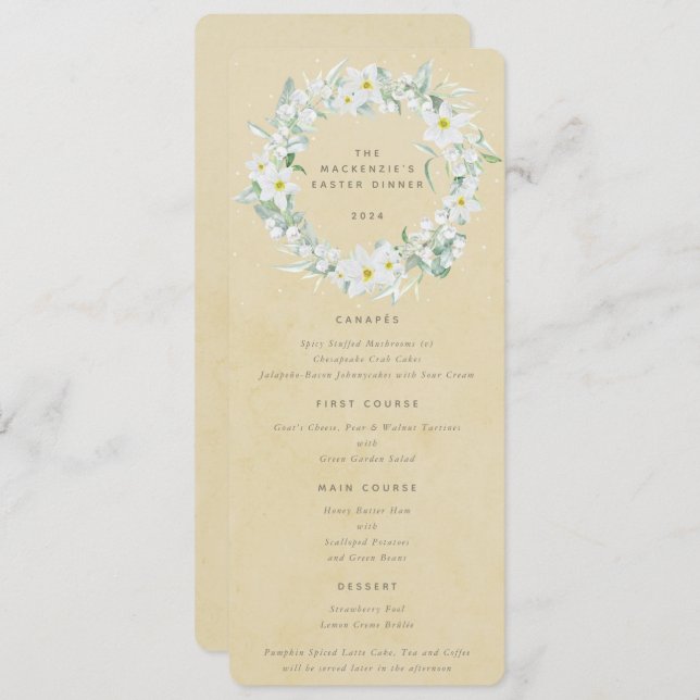 Menu Plat 4 Parcours blanc jaune Floral Pâques (Devant / Derrière)