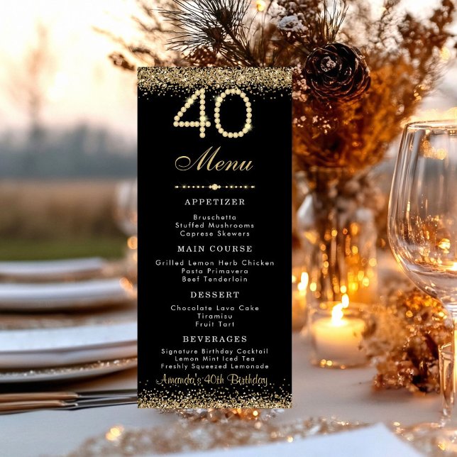Menu Plat Anniversaire 40 Ans Or Élégant (Gold 40th birthday party dinne menu card)