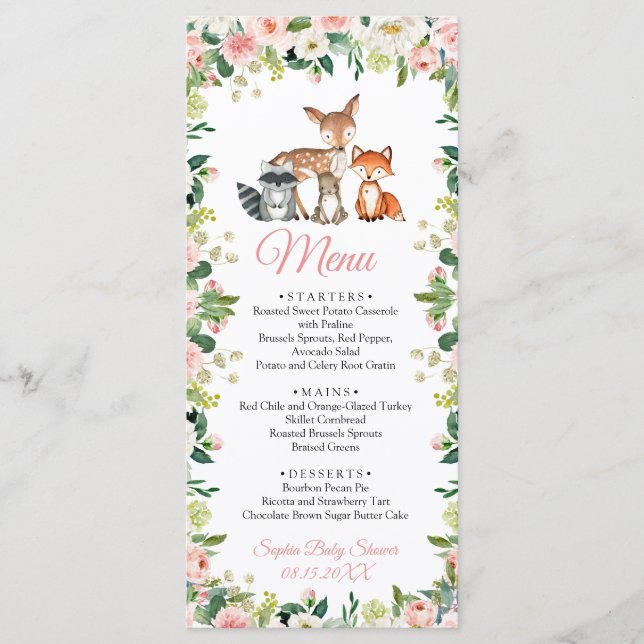 Menu Plat Baby Shower Animaux & Fleurs Rose Pâle F (Devant)