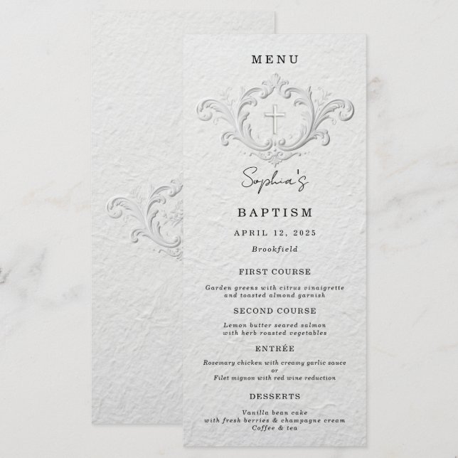 Menu plat de baptême floral embossé faux (Devant / Derrière)