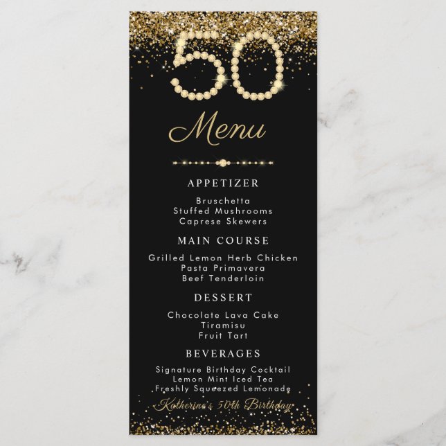 Menu plat de dîner d'anniversaire 50 ans Gold Diam (Devant)