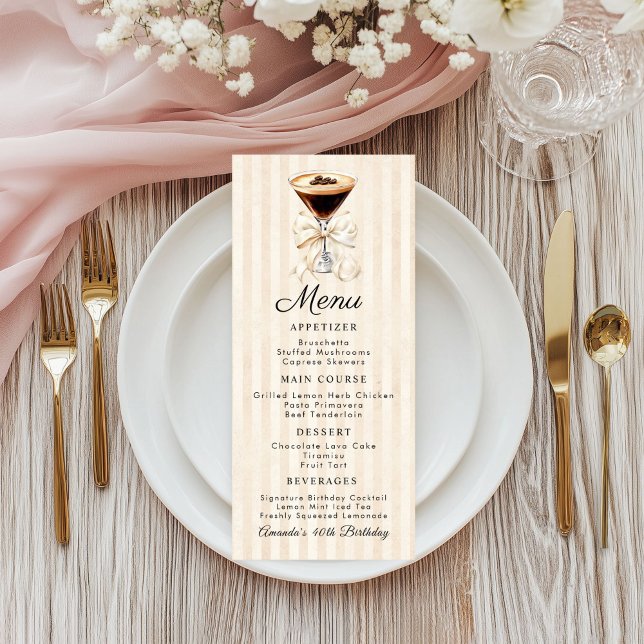 Menu plat de dîner d'anniversaire Elegant Espresso (Espresso martini Birthday dinner menu card)