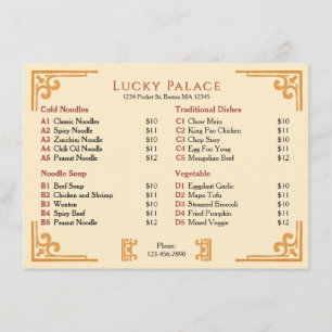 Menu plat de la carte du restaurant chinois à bord