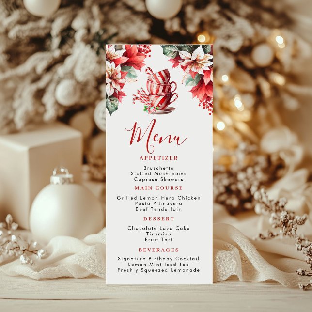 Menu plat de la fête de thé de Noël Poinsettia (Christmas Poinsettia Tea Cup Menu Card)