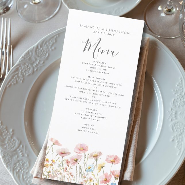 Menu plat de mariage à l'aquarelle de fleur sauvag (Créateur téléchargé)