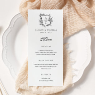 Menu plat de mariage à monogramme de crête florale