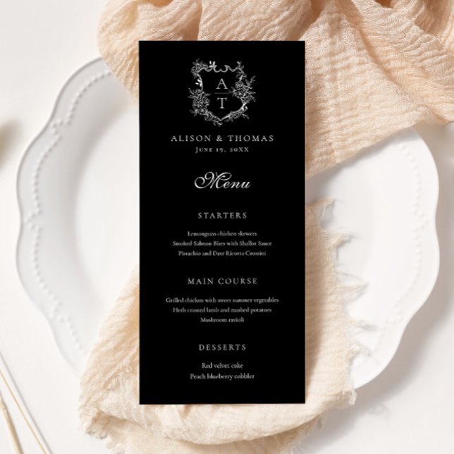 Menu plat de mariage à monogramme de crête florale (Créateur téléchargé)
