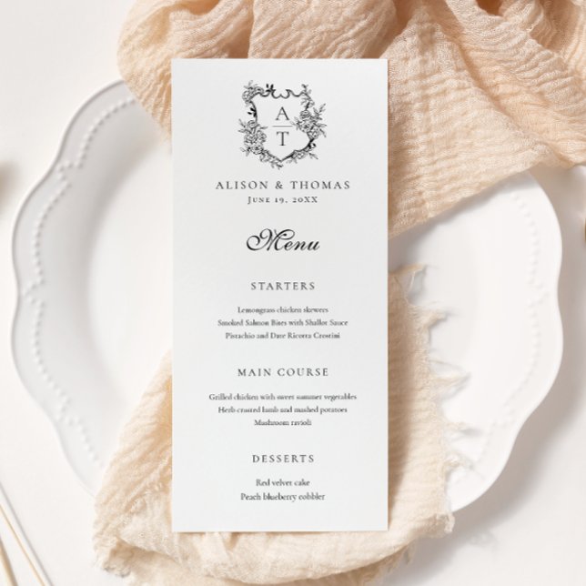 Menu plat de mariage à monogramme de crête florale (Créateur téléchargé)